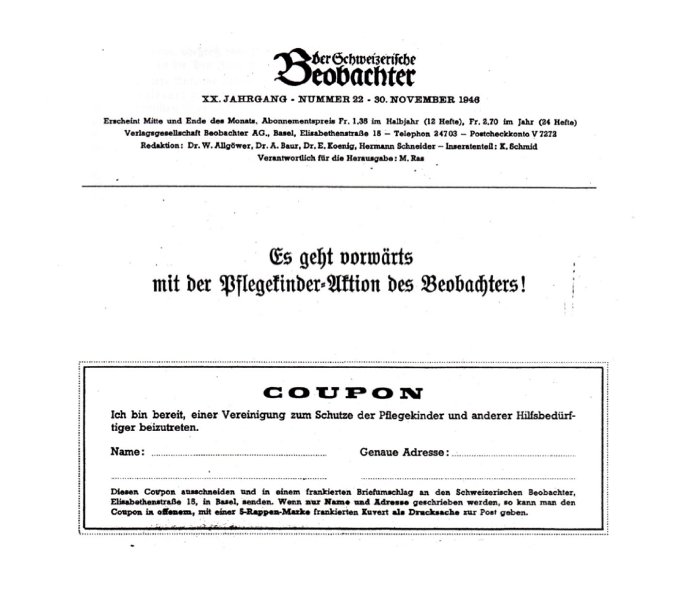 Zeitungsinserat aus dem Beobachter Jahr 1946